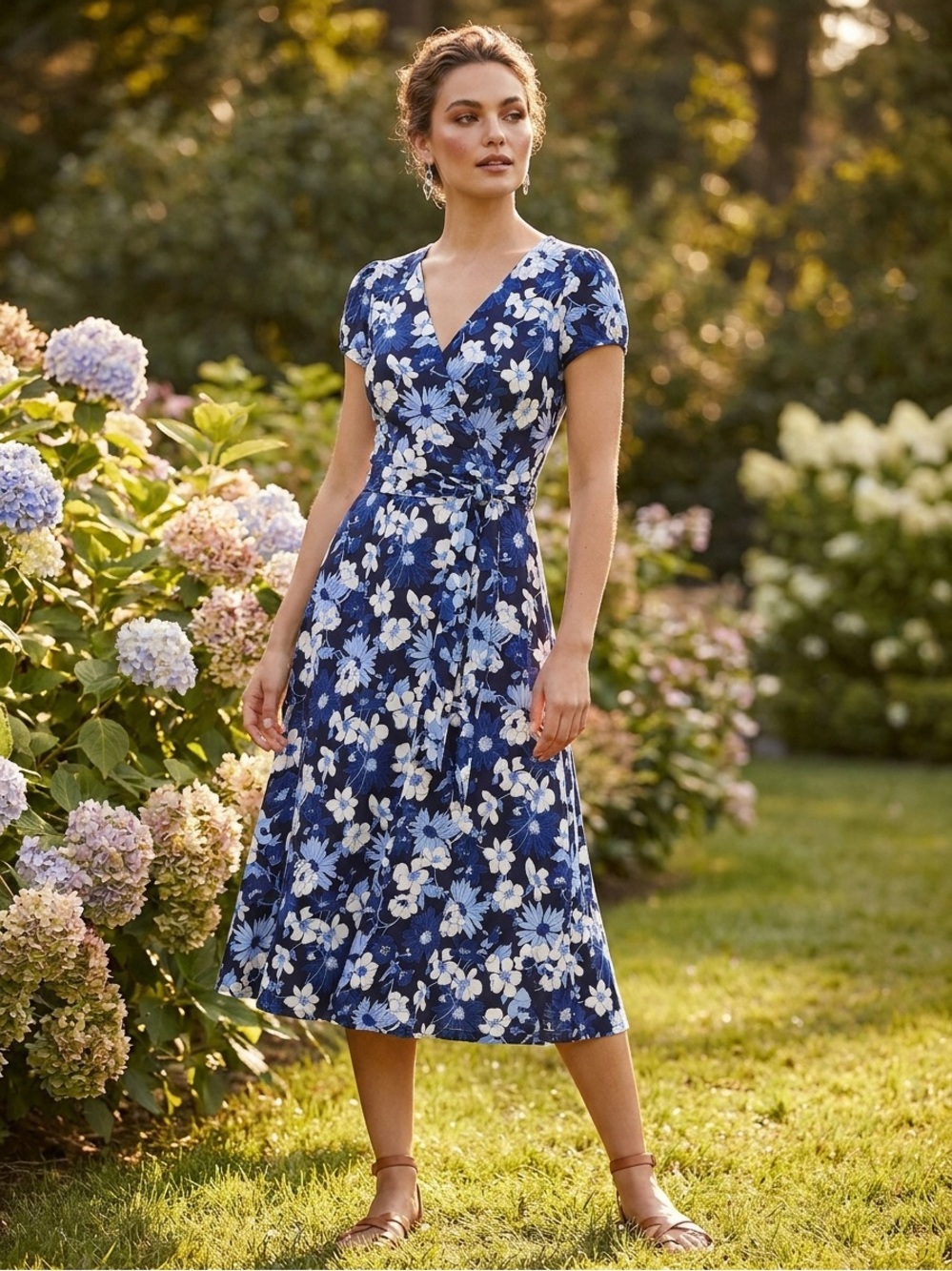 Talbots Navy and White Floral V-Neck Wrap Dress